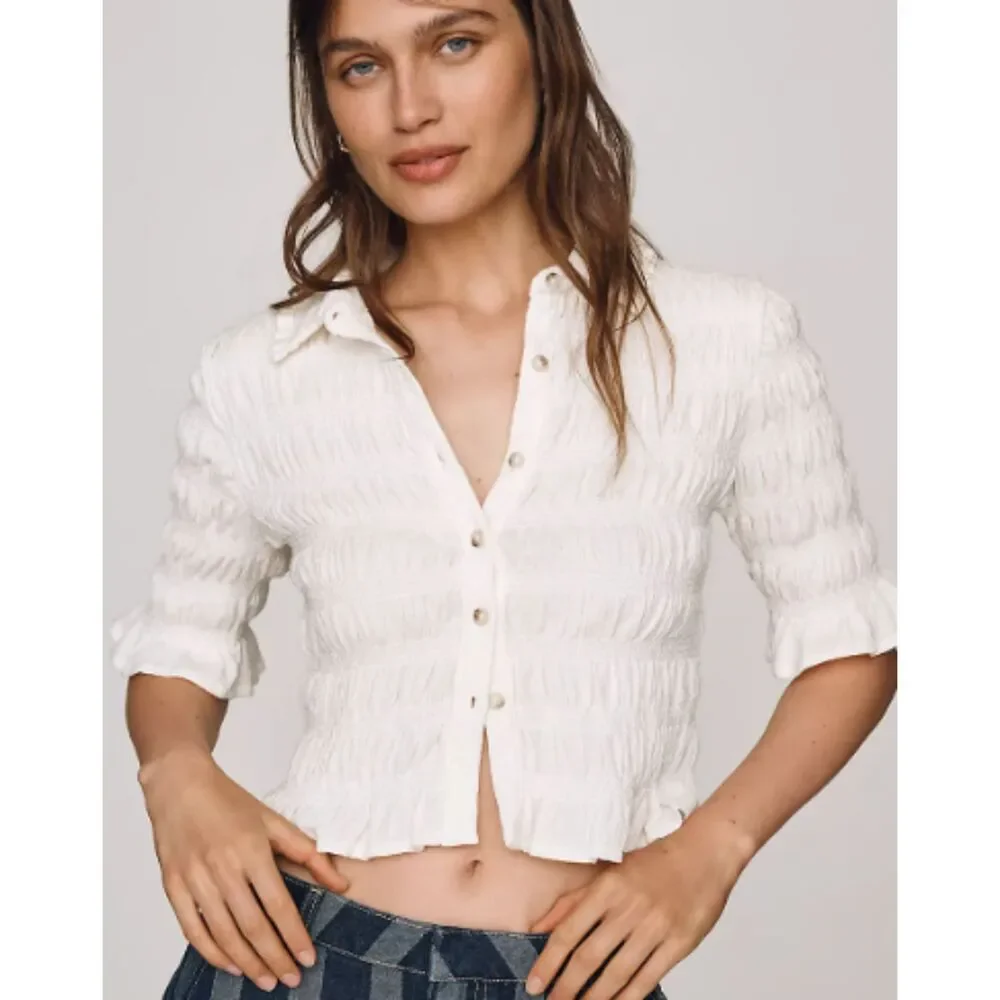 Maeve Smocked Button-Front Top Vanilla White Medium